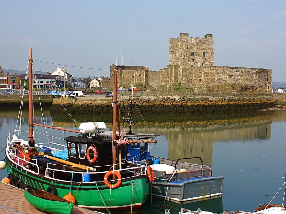 Carrickfergus Castle Norman keep rising above Belfast Lough in Northern Ireland