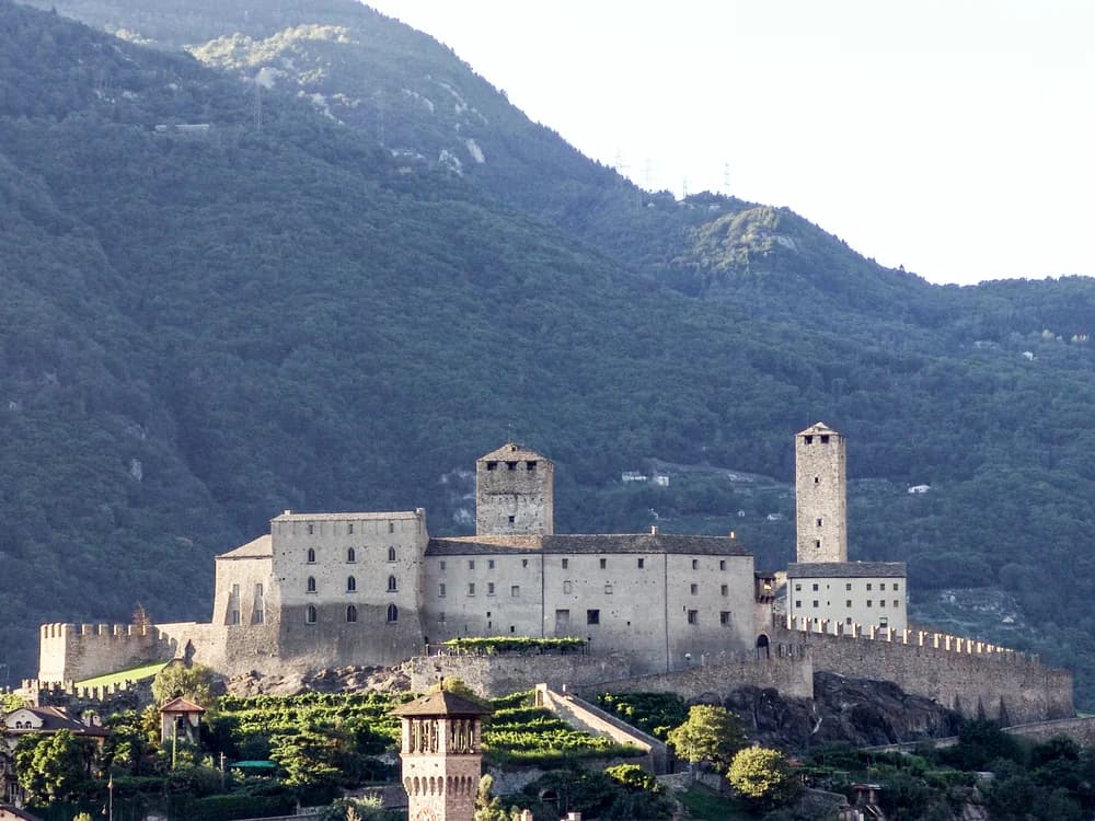 Castel Grande's Torre Bianca and Torre Nera above Bellinzona, Ticino, Switzerland