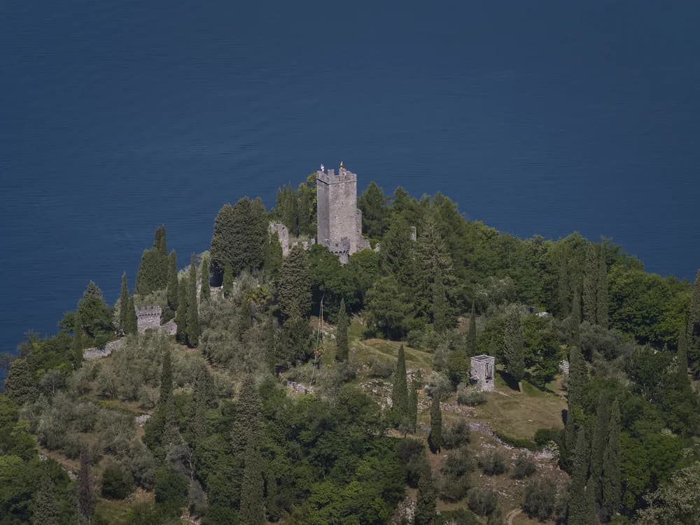 Castello di Vezio's medieval tower above Lake Como near Varenna, Italy