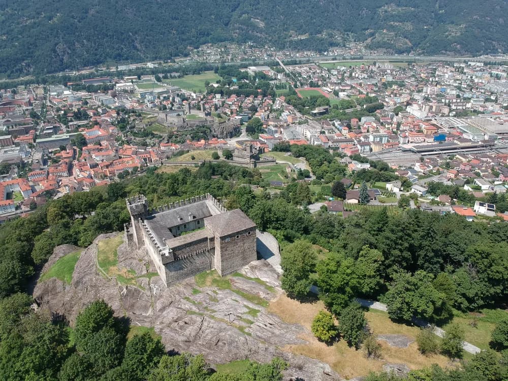 Castello di Sasso Corbaro's compact keep on its isolated rock spur above Bellinzona, Ticino, Switzerland