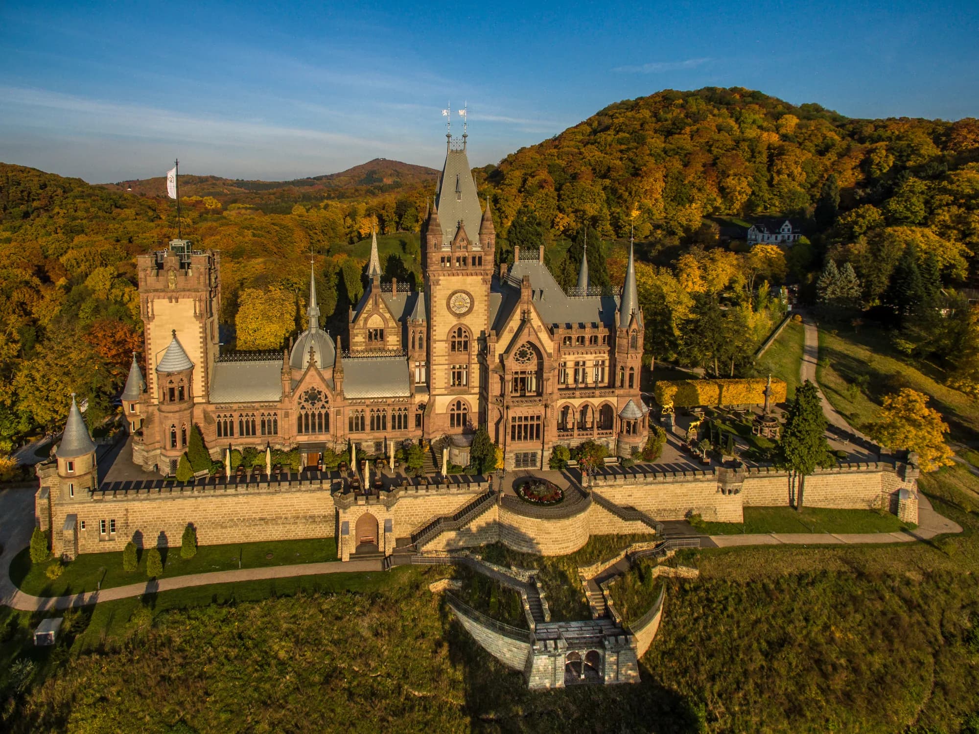 The neo-Gothic towers of Schloss Drachenburg on the Drachenfels ridge above the Rhine, Germany