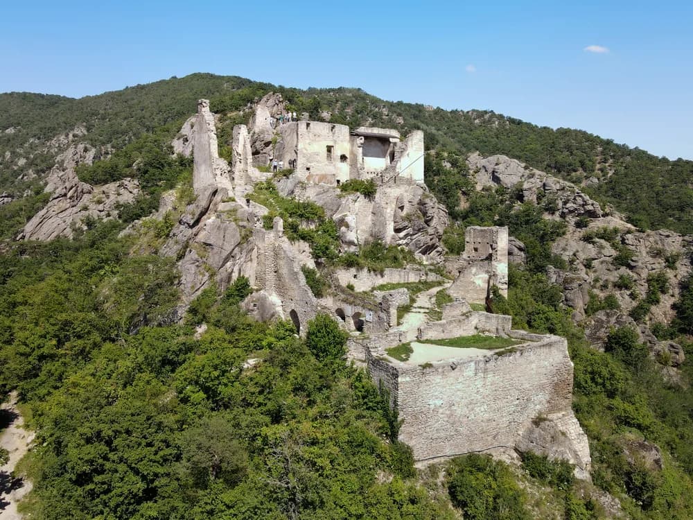 Dürnstein Castle ruins on the limestone crag above the Wachau Danube valley in Austria