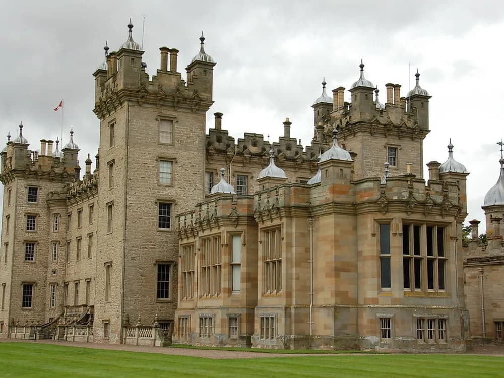 The Scottish Baronial towers of Floors Castle above the River Tweed, Scottish Borders