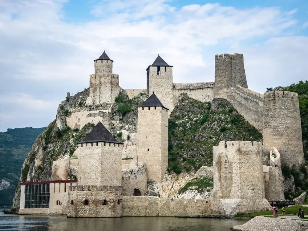 Golubac Fortress nine towers rising from the Danube at the Iron Gates gorge in Serbia