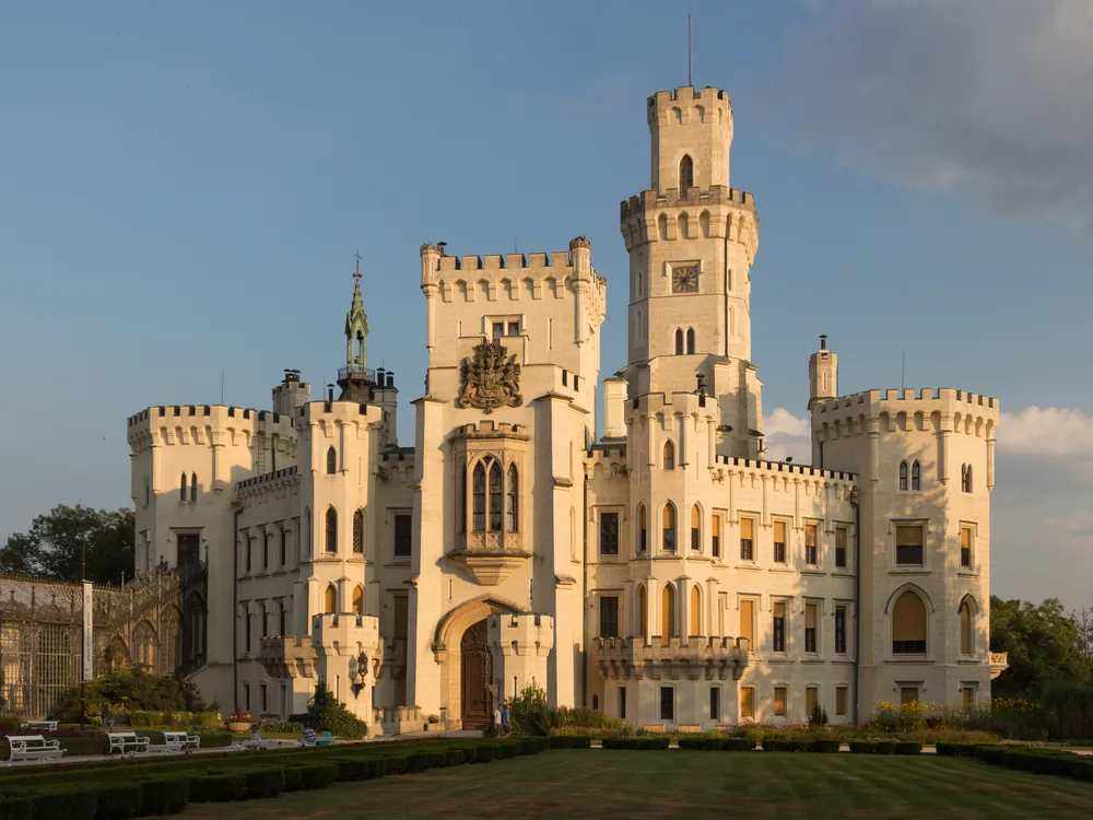 Hluboká Castle in South Bohemia — a gleaming white Neo-Gothic castle with 99 towers modelled on Windsor Castle