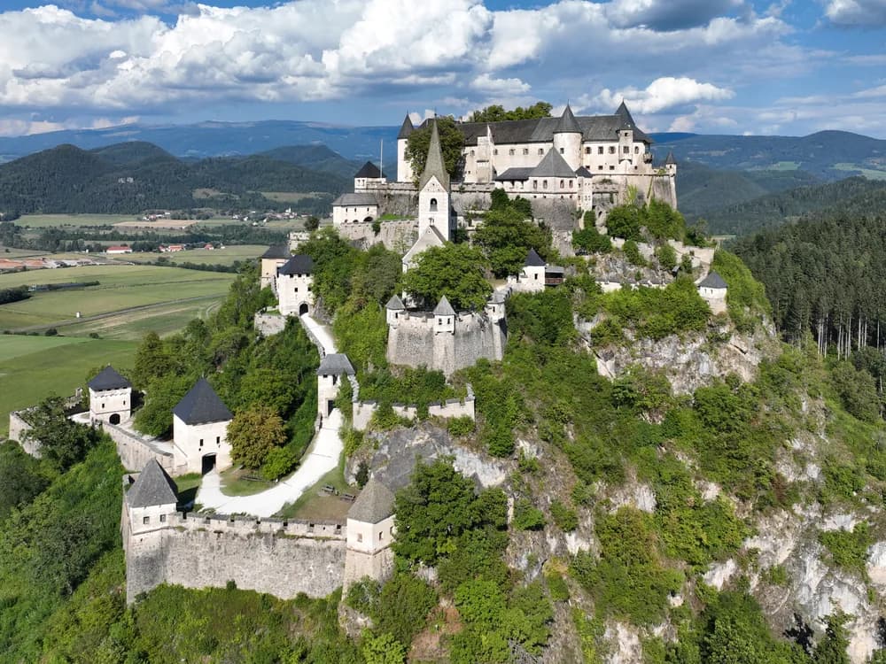 Hochosterwitz Castle's 14-gate defensive path winding up a sheer 175-metre dolomite rock in Carinthia, Austria