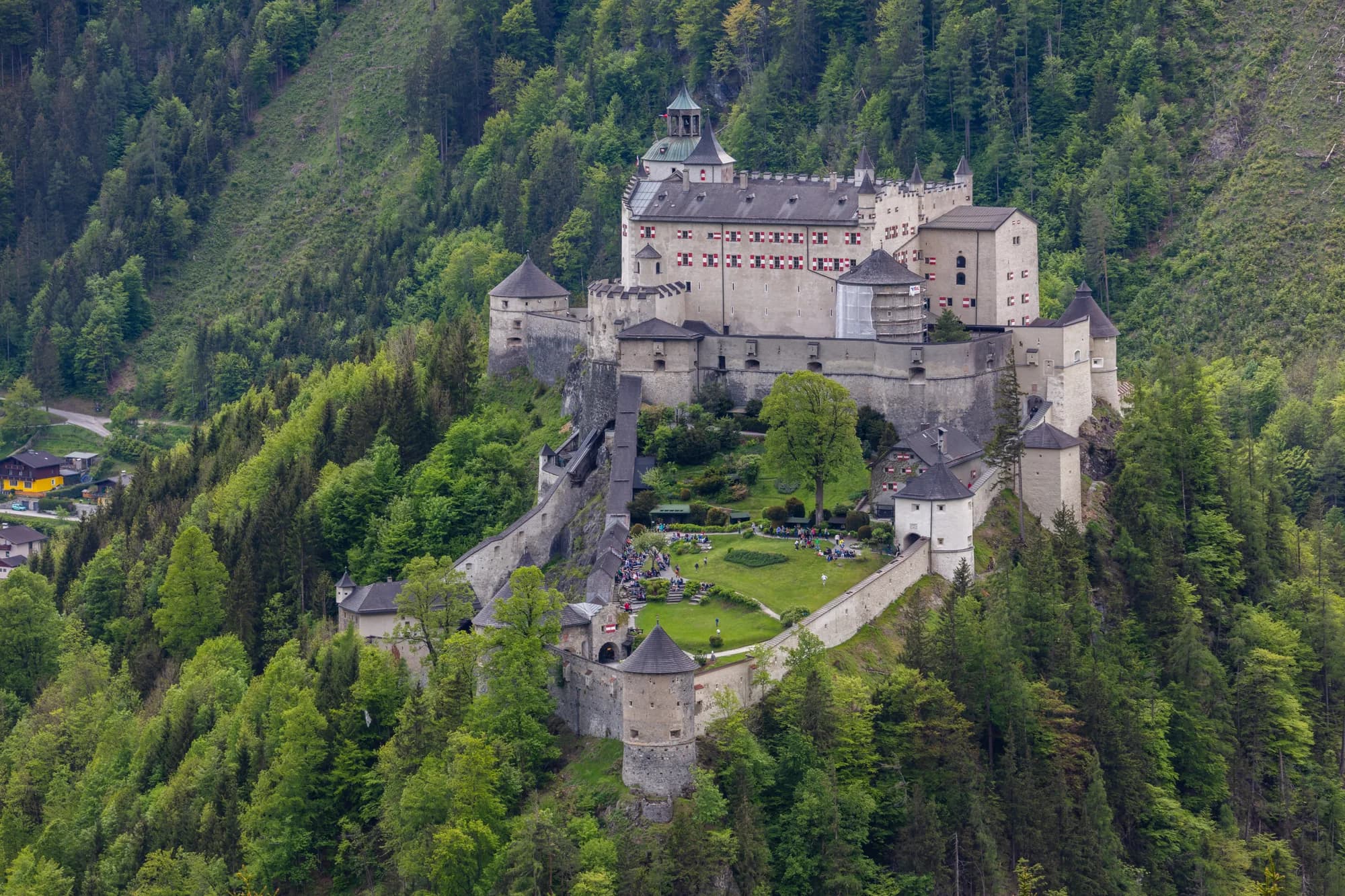Hohenwerfen Castle rising on a sheer rock above the Salzach valley, Austria