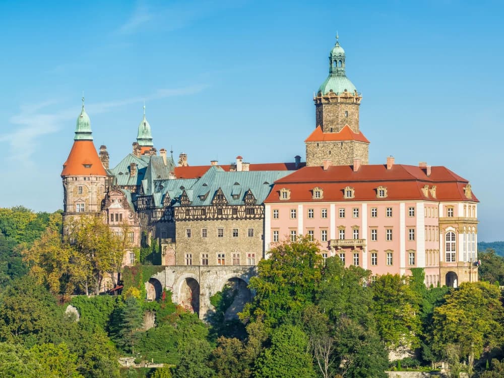 Książ Castle's Baroque towers rising above the forested Pełcznica River gorge in Silesia, Poland