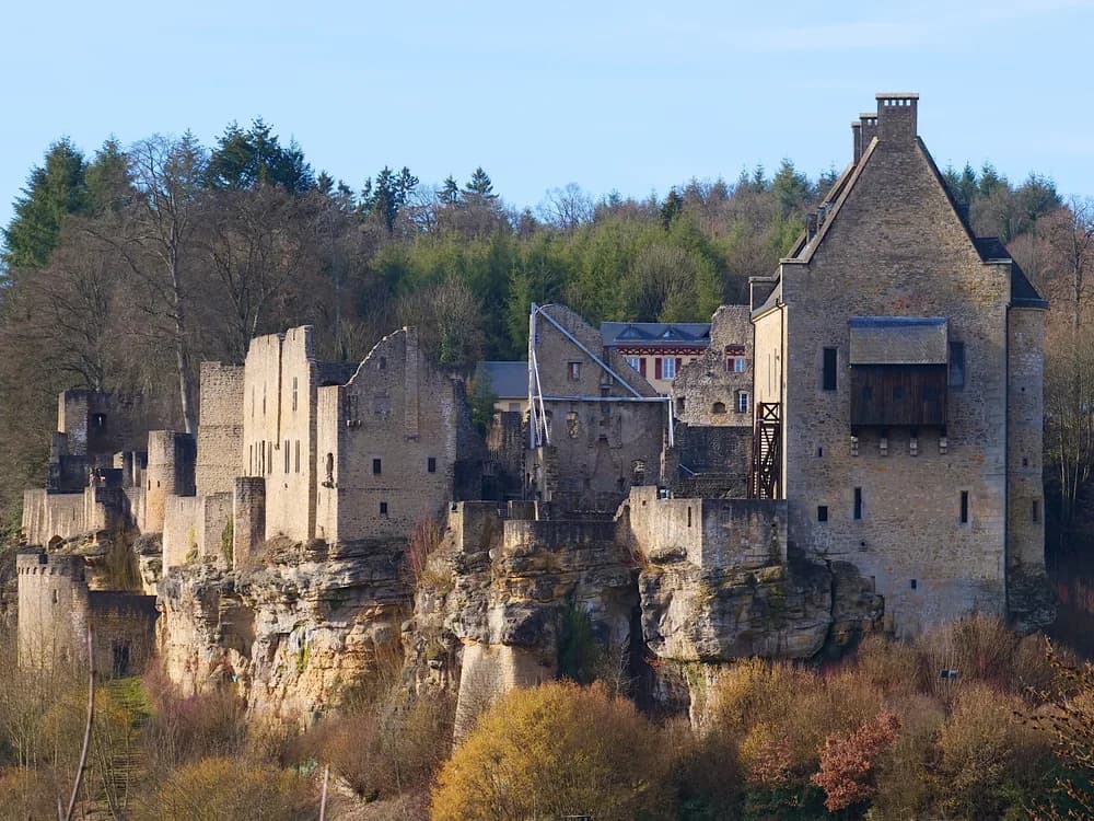 The ruins of Larochette Castle's twin medieval fortresses above the Mullerthal, Luxembourg