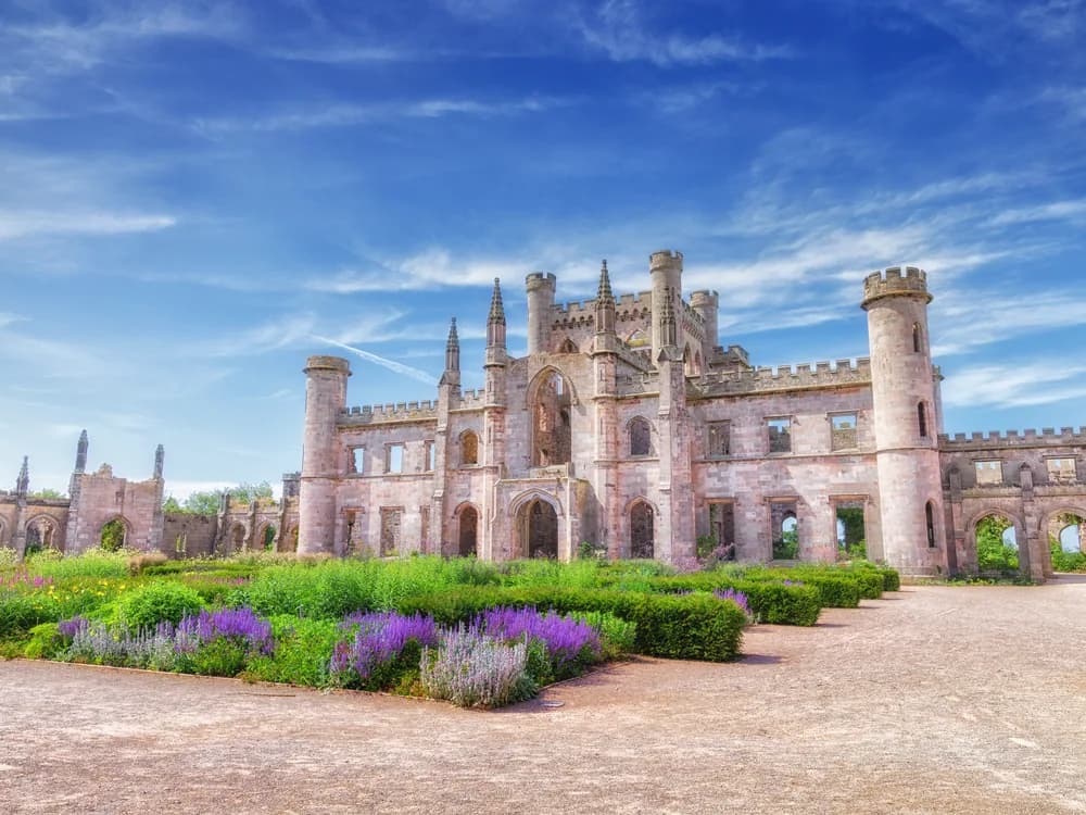 The roofless Gothic Revival ruins of Lowther Castle above the Eden Valley, Cumbria, England
