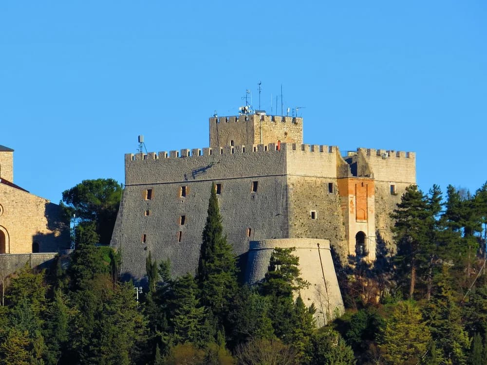 Monforte Castle above Campobasso — the Lombard-era fortress with the 'Redondone' keep on the Molise hilltop, overlooking the regional capital and the surrounding highland landscape