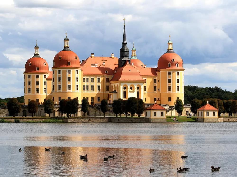 Moritzburg Baroque palace reflected in the surrounding lake in Saxony