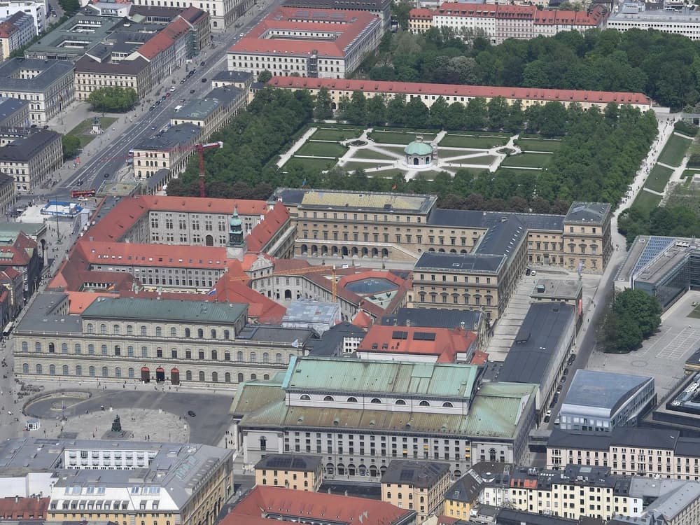 The Munich Residenz's Renaissance and Baroque facade on Residenzstraße in central Munich, with the Bavarian lion statues flanking the entrance