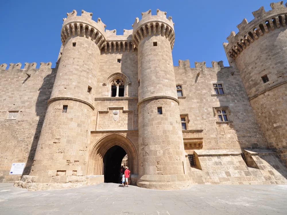 Palace of the Grand Master Gothic towers in Rhodes Old Town medieval city, Greece