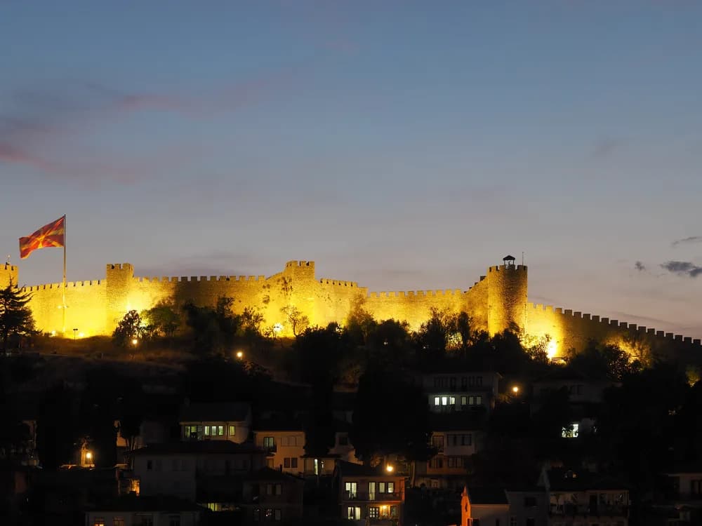 Samuel's Fortress walls above Ohrid old town and Lake Ohrid in North Macedonia