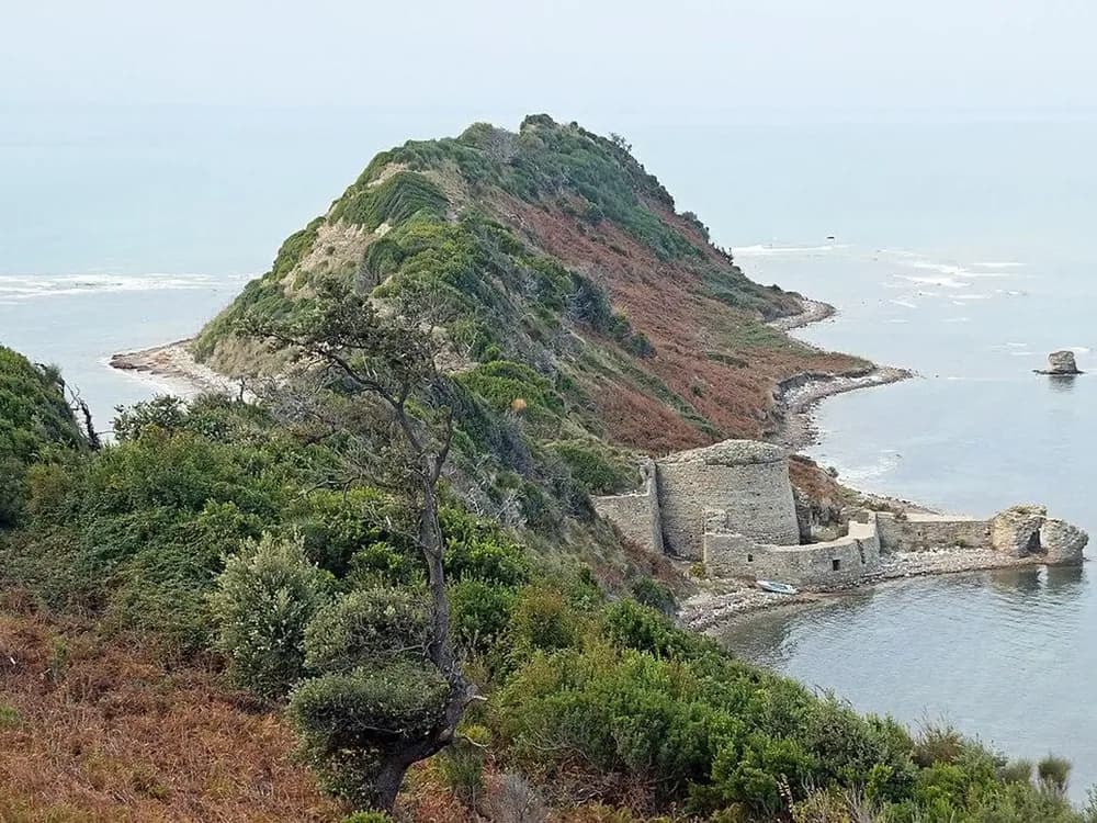 Rodoni Castle (Kalaja e Rodonit) on Cape Rodon, Albania — the 15th-century coastal fortress built by Skanderbeg to secure Venetian naval support during his resistance against the Ottomans, on the remote Adriatic headland
