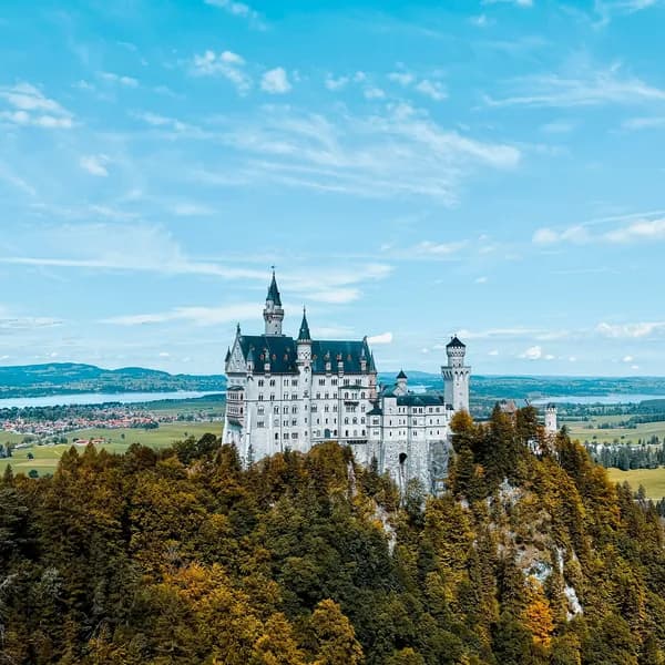 Neuschwanstein Castle in the Bavarian Alps in autumn