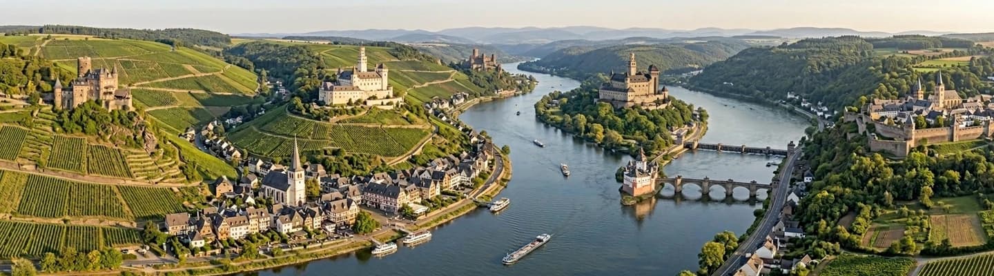 Castles and vineyard slopes above the Rhine Gorge between Bingen and Koblenz