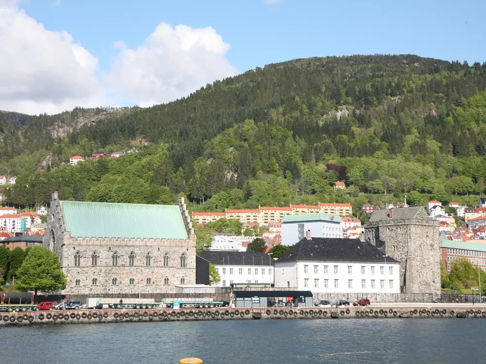 Bryggen Hanseatic wharf and Bergenhus Fortress on Bergen harbour, Norway