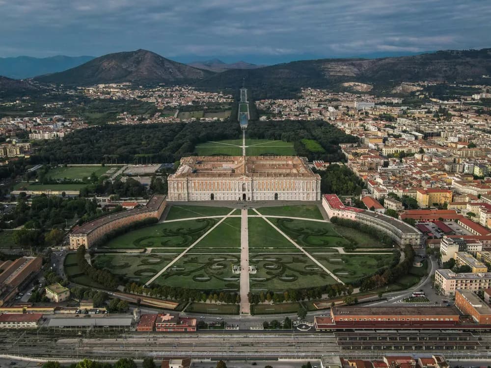 The Royal Palace of Caserta with its baroque gardens and cascade stretching into the distance