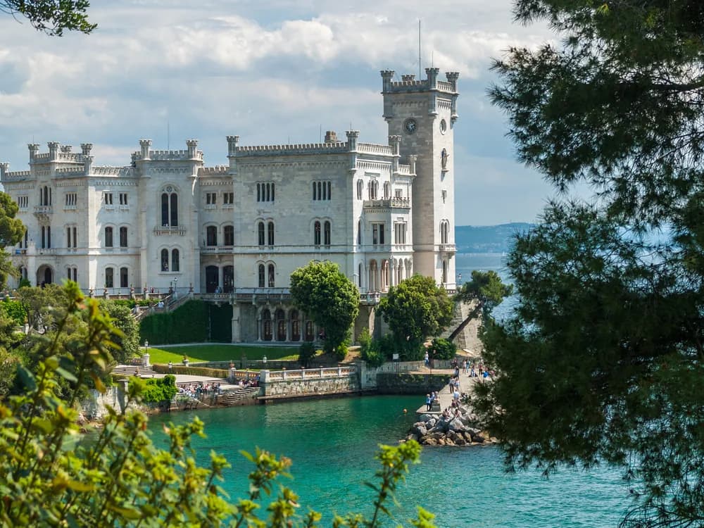 Miramare Castle on its promontory above the Gulf of Trieste, northeastern Italy