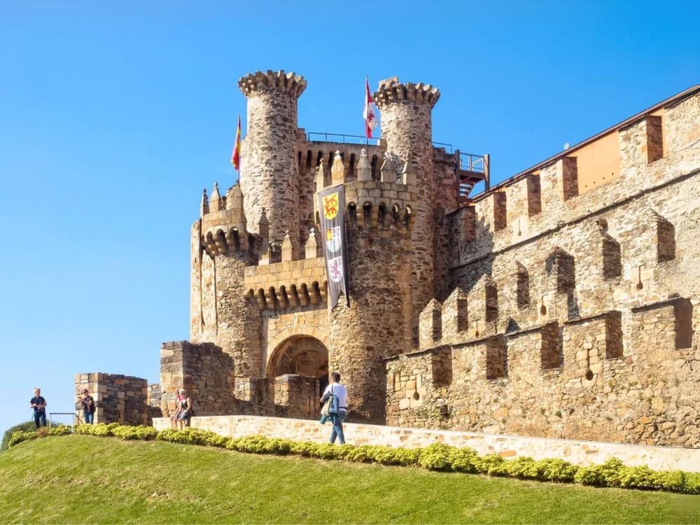 Castle of Ponferrada rising above the confluence of the Sil and Boeza rivers, the Knights Templar fortress with its clock tower and battlemented walls