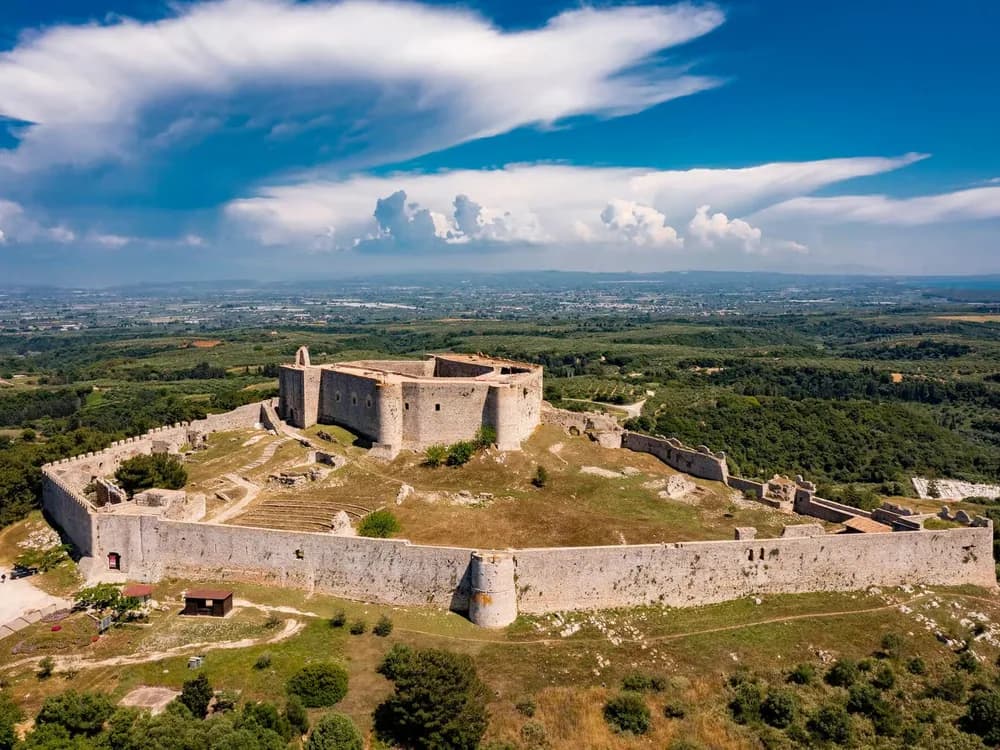 Chlemoutsi Castle on its hilltop above the Ionian Sea in Western Greece — the best-preserved Frankish crusader fortress in Greece, built by Geoffrey I of Villehardouin in 1220–1223