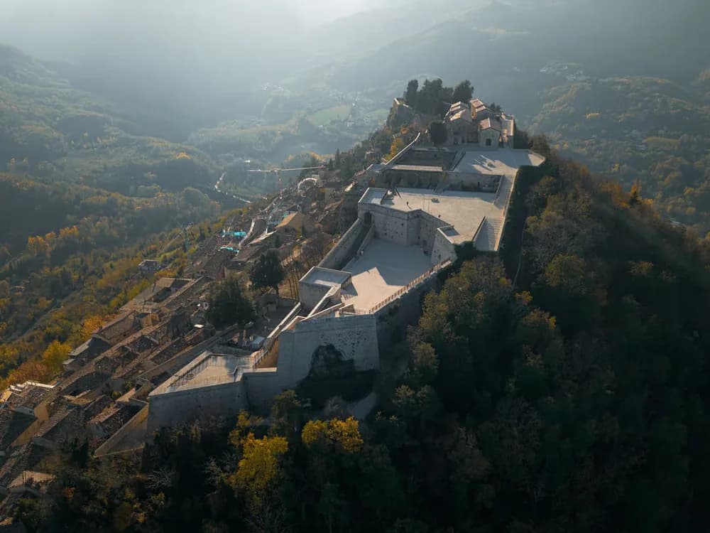 Civitella del Tronto Fortress on its Abruzzo ridge — the 500-metre Spanish bastioned fortress, the last Bourbon position to surrender during Italian unification in March 1861