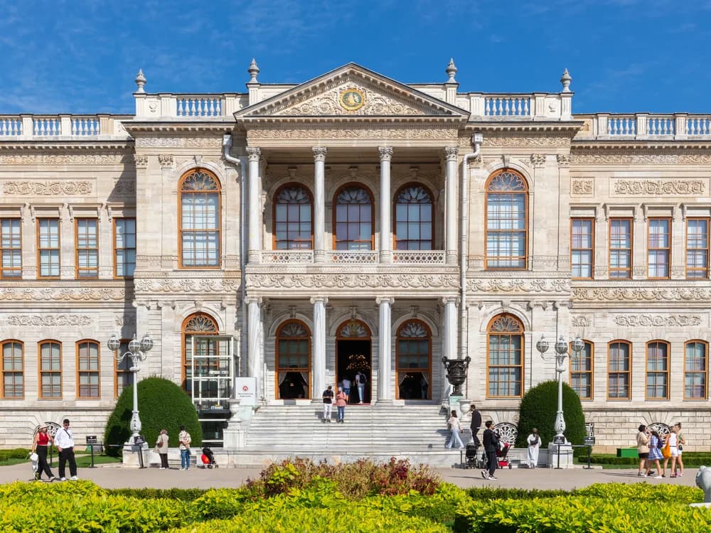 Dolmabahçe Palace on the European shore of the Bosphorus — the 1856 Ottoman imperial palace with its 600-metre waterfront colonnade in the Beşiktaş district of Istanbul