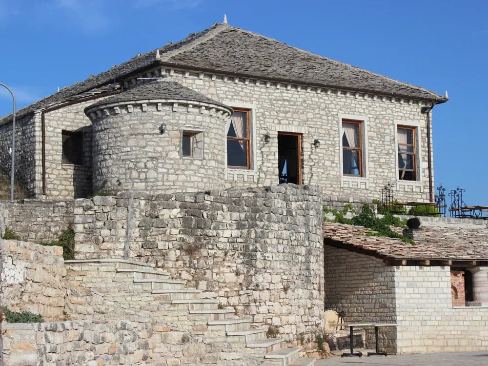Lëkurësi Castle on the highest hill above Saranda, the 16th-century Ottoman fortress with panoramic views over the Ionian Sea, Corfu, and the Butrint lagoon