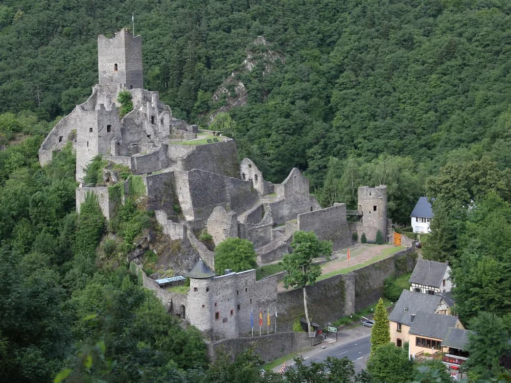 Manderscheid Lower Castle (Niederburg) ruins on their forested ridge above the Lieser valley in the Eifel — one half of the twin-castle landscape facing the Oberburg across the gorge
