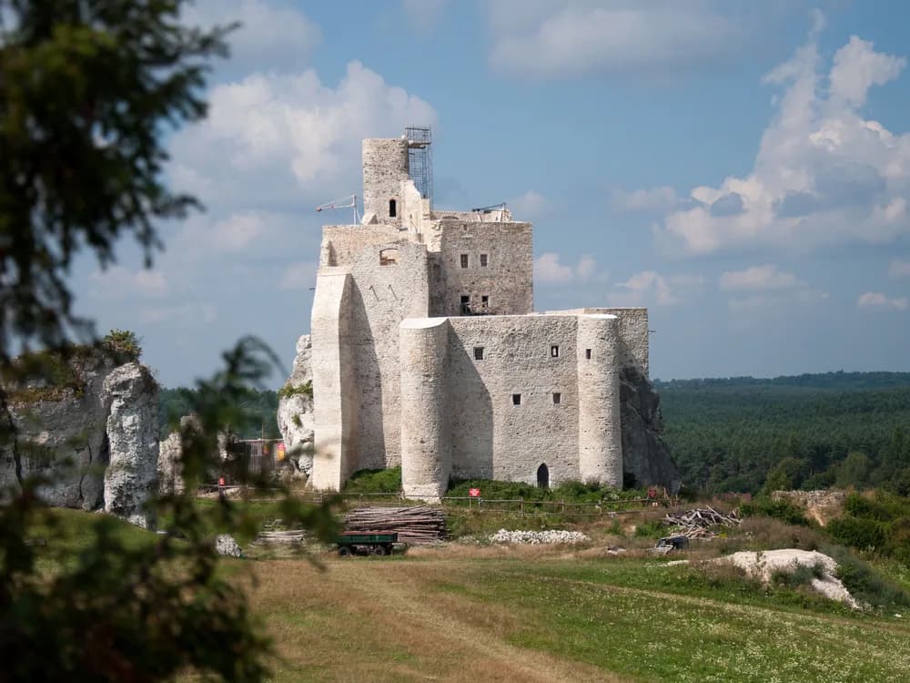 Mirów Castle ruins on their limestone outcrop in the Polish Jurassic Highland — the authentic unrestored Eagles' Nests ruin 700 metres north of Bobolice, with the collapsed southern wall open to the Highland sky