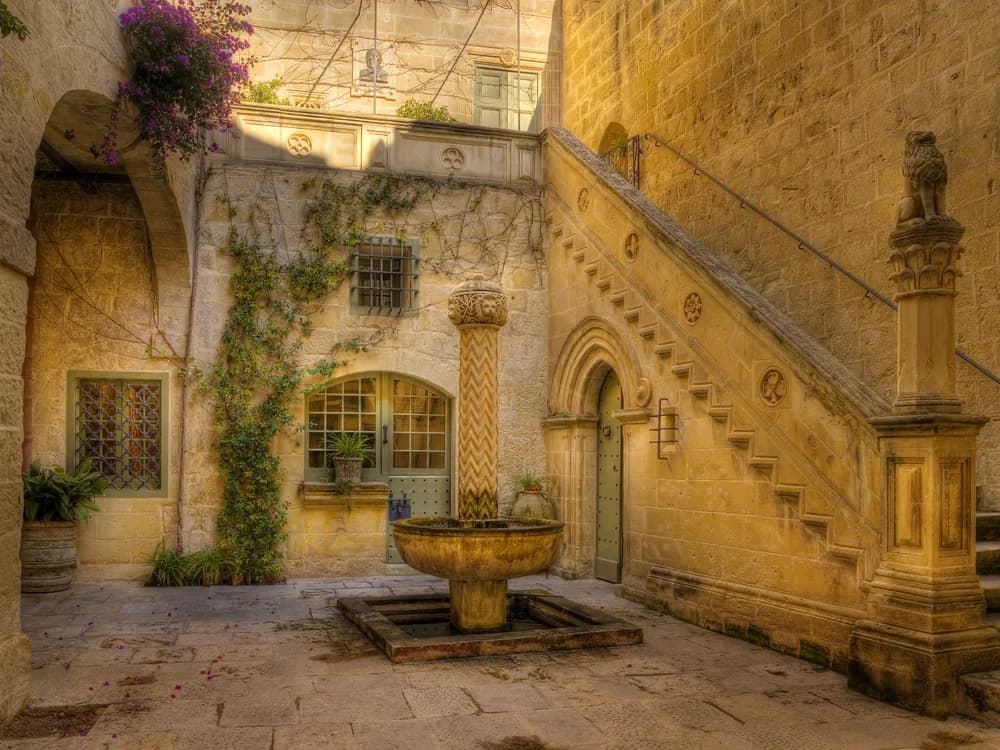 The courtyard and piano nobile of Palazzo Falson in Mdina, Malta — the second-oldest building in the Silent City, now home to Captain Gollcher's 3,500-object collection