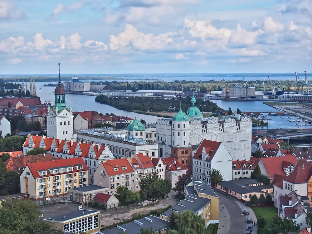 Pomeranian Dukes' Castle in Szczecin — the Renaissance palace of the Griffin dynasty with its arcaded inner courtyard and Bell Tower above the Oder river in northwestern Poland