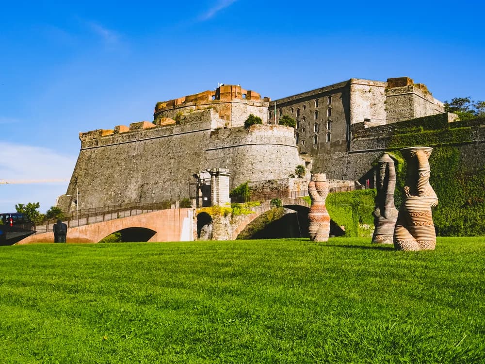 Priamàr Fortress in Savona, Liguria — the 1542 Genoese artillery fortress built on the demolished medieval city of Savona, now the official Savona civic museum with bastion walks overlooking the Ligurian Sea