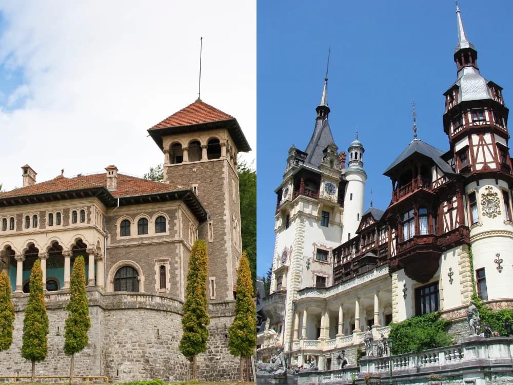 Cantacuzino Palace in Bușteni, Romania — the 1911 neo-Romanian palace used as Nevermore Academy in Netflix's Wednesday, set against the Bucegi Mountains