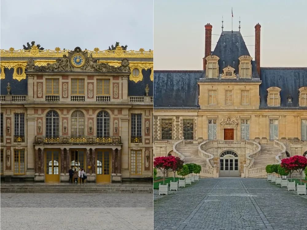 Château de Fontainebleau's horseshoe staircase in the Cour du Cheval Blanc — where Napoleon said farewell to his marshals before exile — combined with the Palace of Versailles on a private Paris day trip