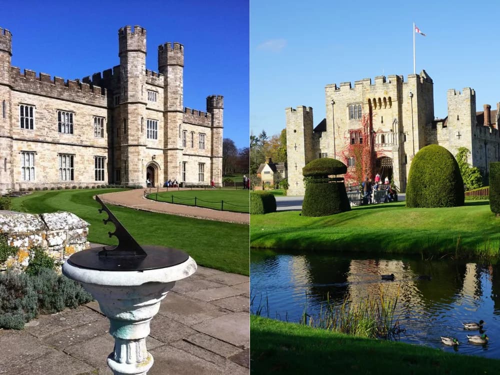 Hever Castle in Kent reflected in its moat — the 13th-century fortified manor where Anne Boleyn grew up, later restored by William Waldorf Astor