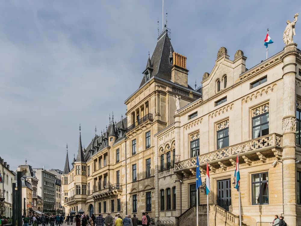The Grand Ducal Palace of Luxembourg City with its ornate Spanish Renaissance facade, the official residence of Grand Duke Henri in the heart of the UNESCO old quarter