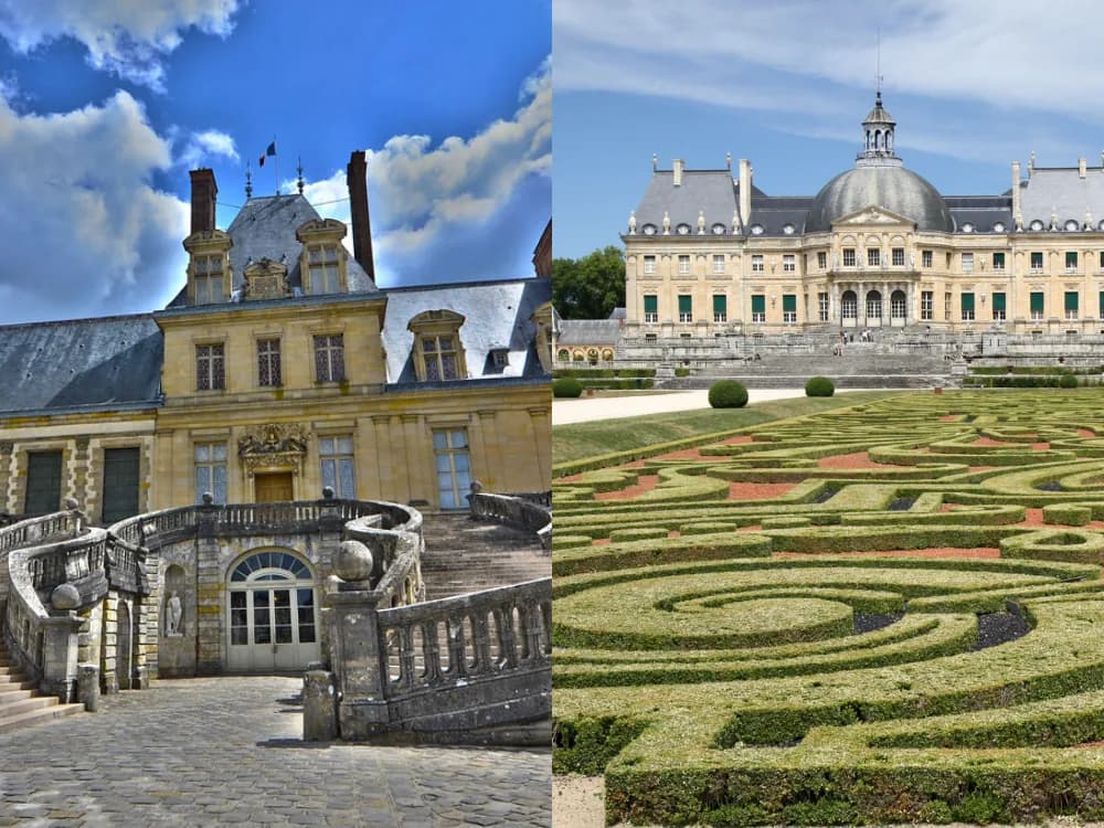 Château de Vaux-le-Vicomte viewed across its formal parterre garden at sunset — the 17th-century private château that inspired Versailles