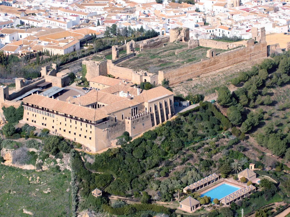 Alcázar del Rey Don Pedro, Peter I the Cruel's Mudéjar palace, now a Parador overlooking the Vega de Carmona, Seville, Spain