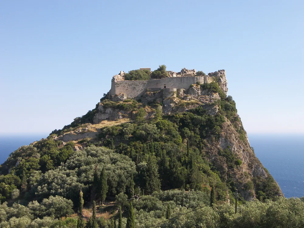 Angelokastro Byzantine fortress on its 305-metre cliff headland above the Ionian Sea on the northwest coast of Corfu