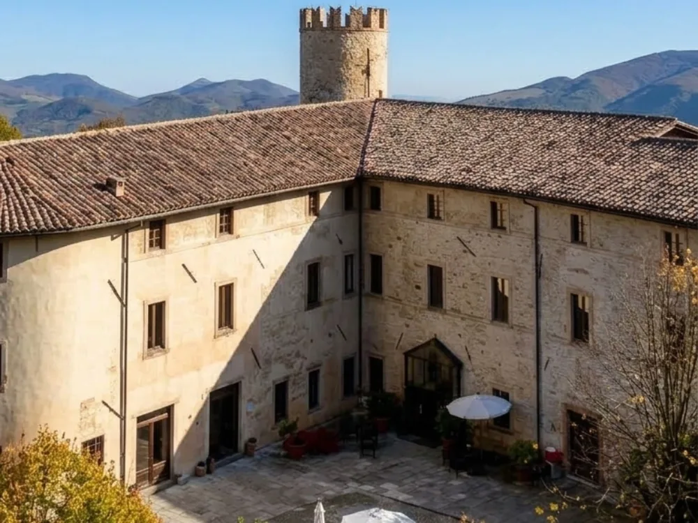 Baccaresca Castle, a 12th-century fortress with towers, battlements and a spa, near Gubbio, Umbria, Italy