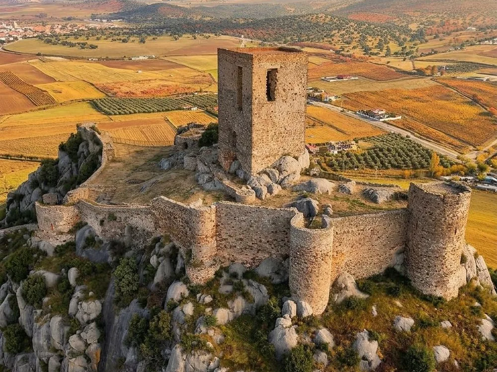 Belmez Castle — the Moorish tower on its dramatic quartzite rock outcrop above the town of Belmez in the Sierra Morena foothills, Córdoba Province