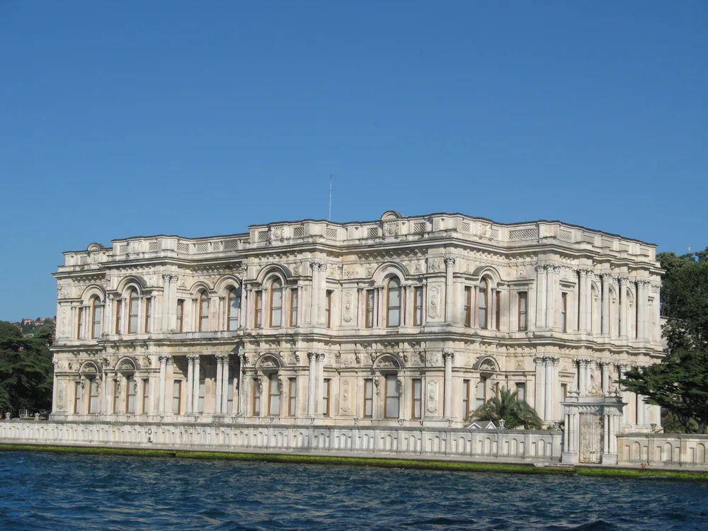 Beylerbeyi Palace (Beylerbeyi Sarayı) on the Asian shore of the Bosphorus, Istanbul — Sultan Abdülaziz's Ottoman-European fusion summer palace with the Bosphorus and the Bosphorus Bridge visible in the background, Istanbul, Turkey