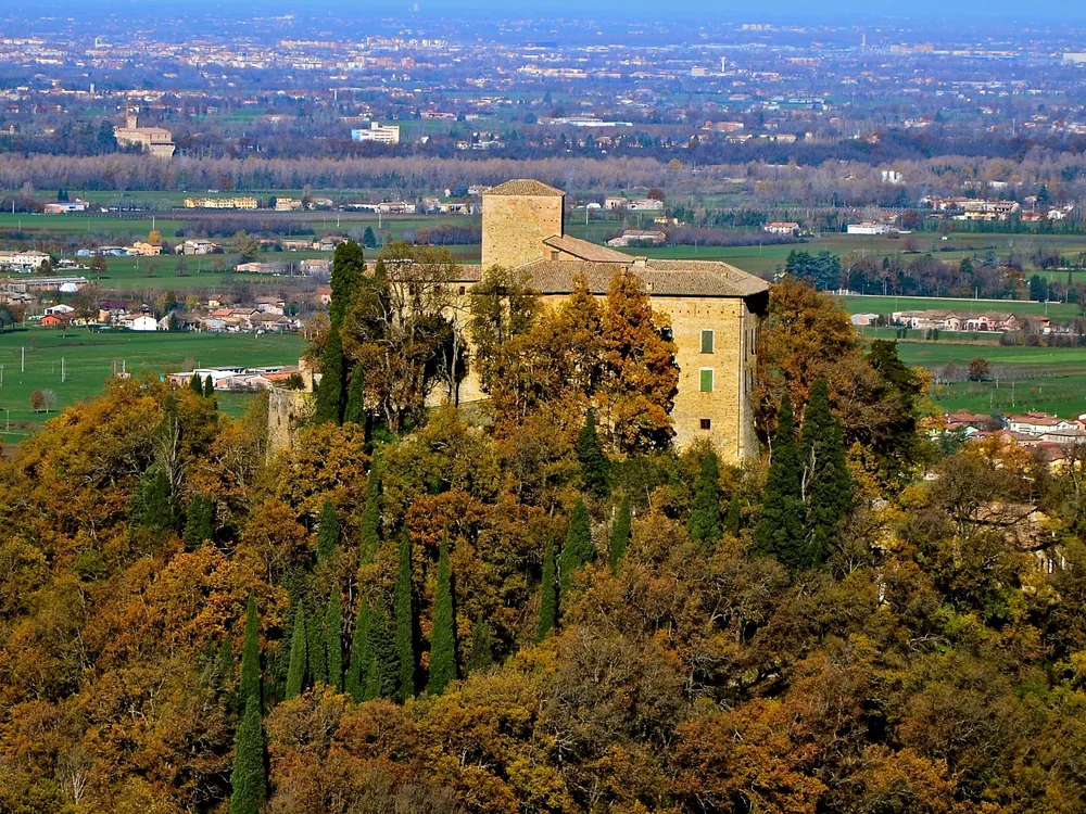 Bianello Castle (Castello di Bianello) in Quattro Castella, Province of Reggio Emilia, Emilia-Romagna — the medieval hilltop fortress of Matilda of Canossa, where Holy Roman Emperor Henry IV stayed before his famous act of penance in 1077