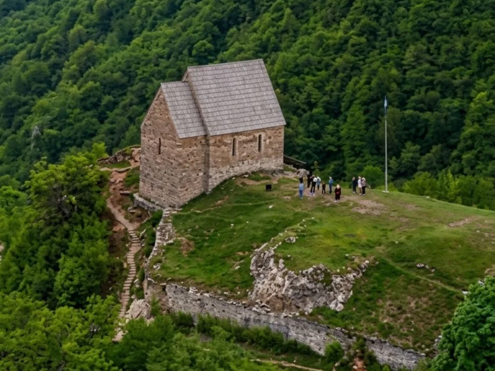 Bobovac Fortress ruins on the limestone ridge above the Bosna valley in central Bosnia — the medieval royal seat of the Bosnian Kings before the Ottoman conquest of 1463