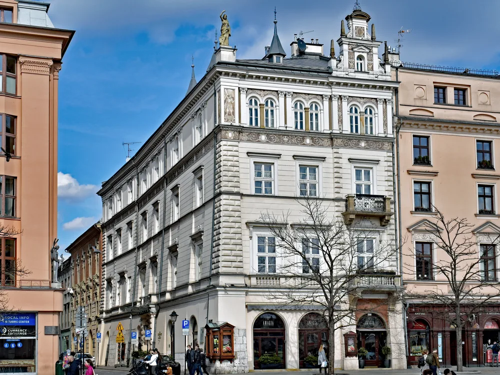 The Bonerowski Palace on the Main Market Square in Kraków, Poland — a Gothic townhouse dated to the early 14th century, now a boutique hotel