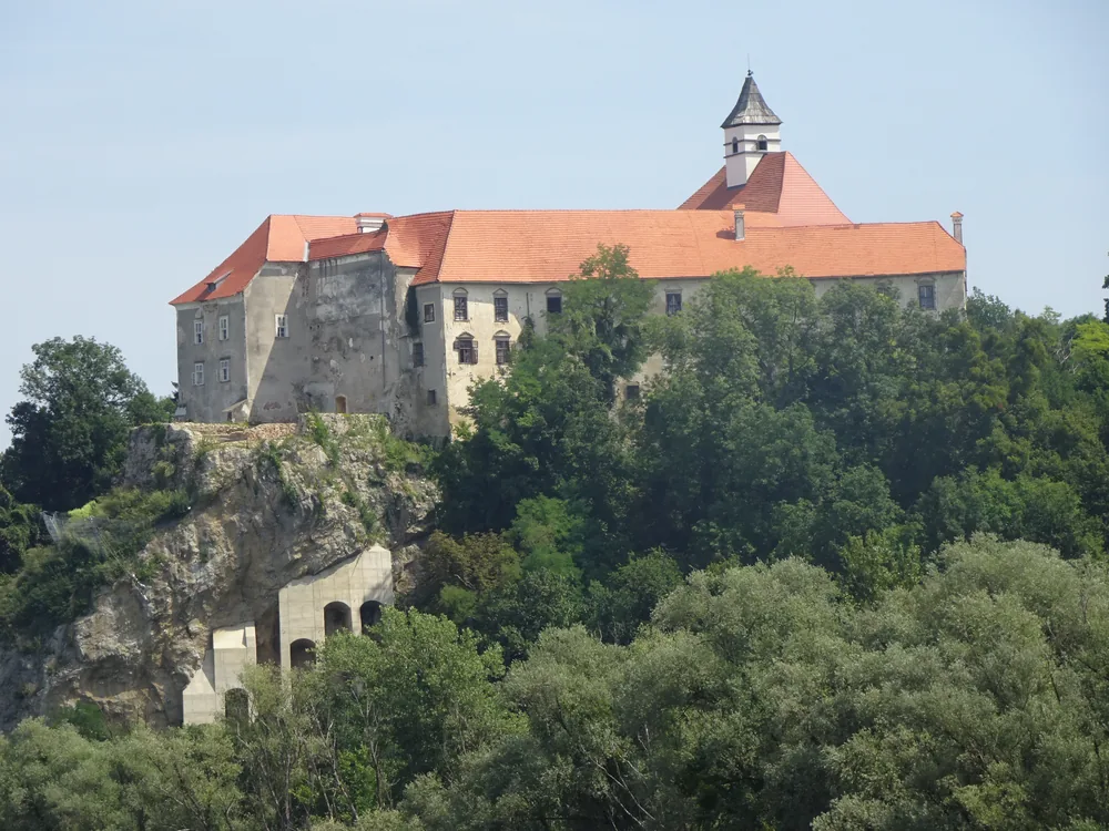 Borl Castle on the cliff above the Drava river valley near Cirkulane, eastern Slovenia