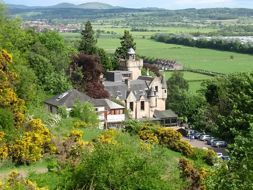 Broomhall Castle at the foot of the Ochil Hills in Menstrie, Clackmannanshire, Scotland, with views to Stirling Castle